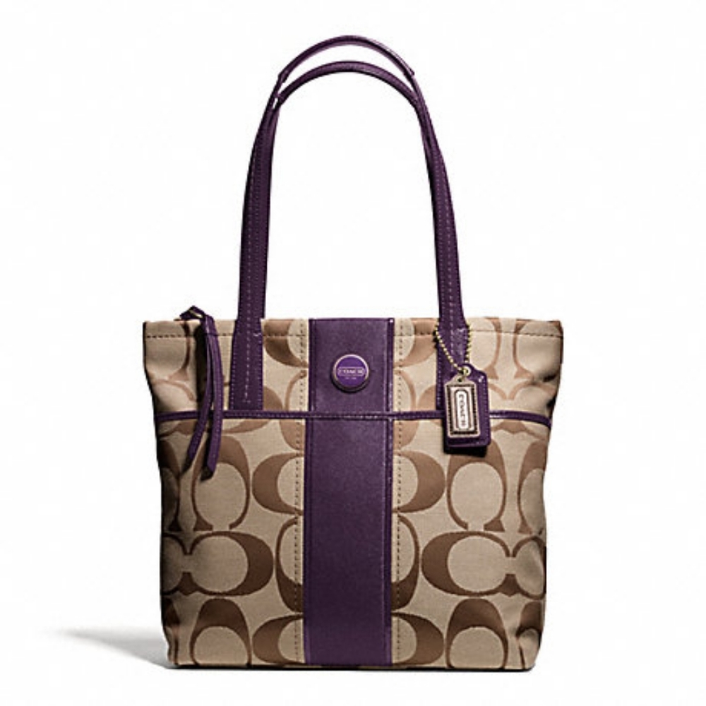 Coach Signature Stripe Tote Brass/Khaki/Purple Bag